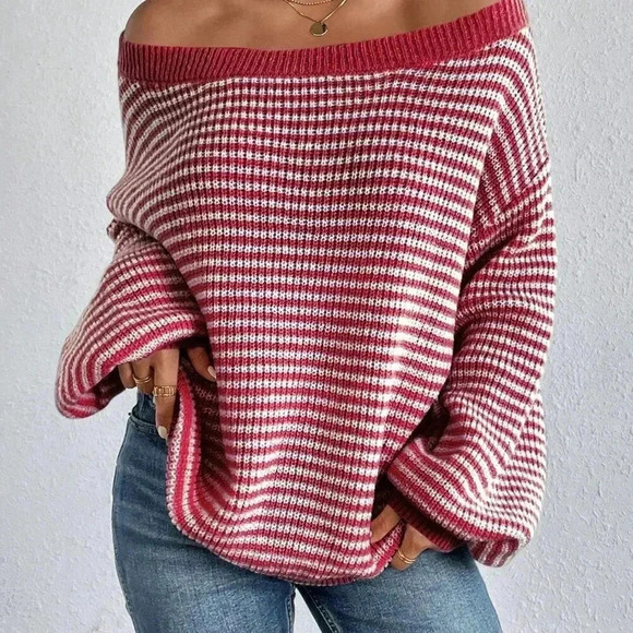 Pink Casual Women's Striped Printed Turtleneck Pullover Sweater - Picture 2 of 7